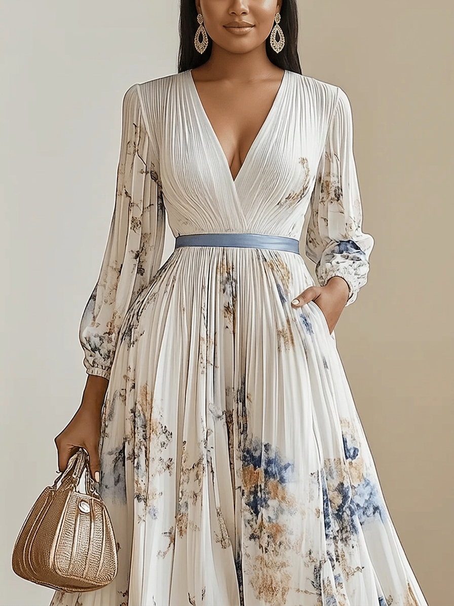 Kaia | Robe Maxi à Manches Ballon en Chiffon Blanc Floral