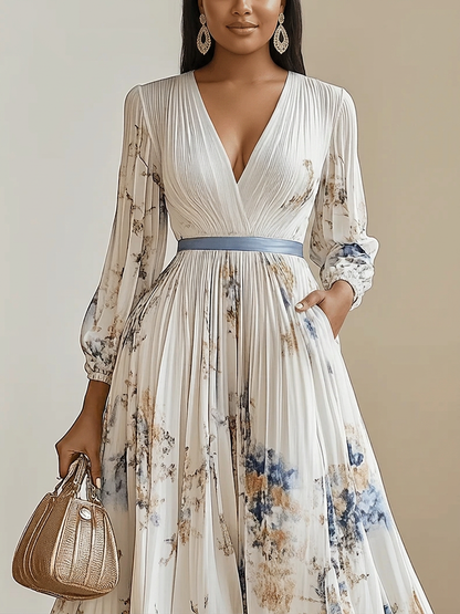 Kaia | Robe Maxi à Manches Ballon en Chiffon Blanc Floral