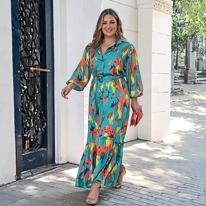 Robe Maxi à Revers Imprimée Jolie : Élégance Vintage Flottante