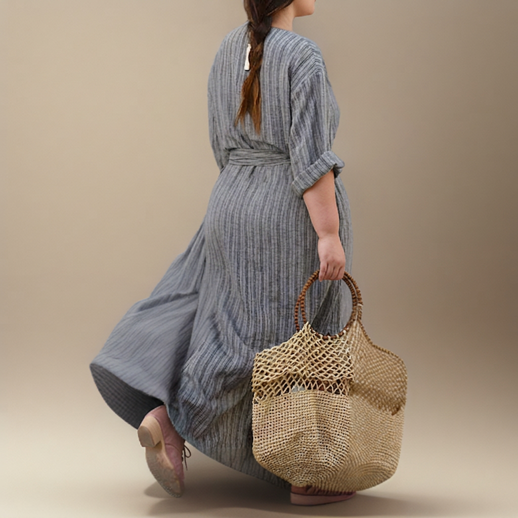 Hailey┃Robe longue décontractée avec rayures vintage et décolleté en V