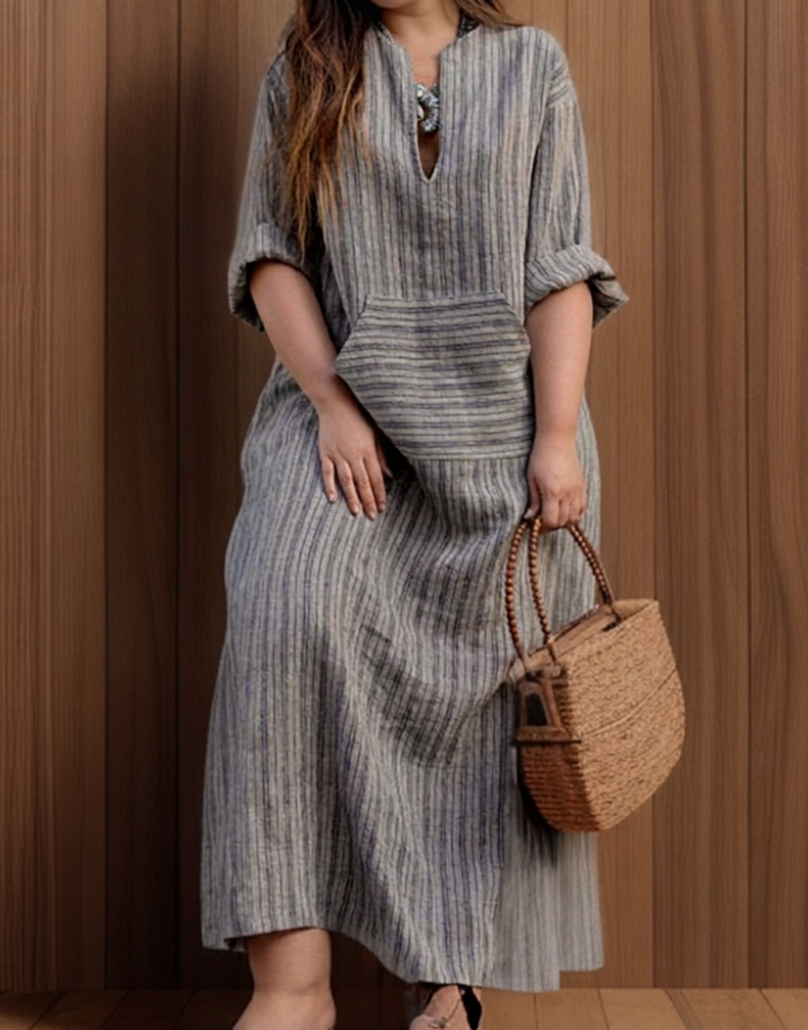 Hailey┃Robe longue décontractée avec rayures vintage et décolleté en V