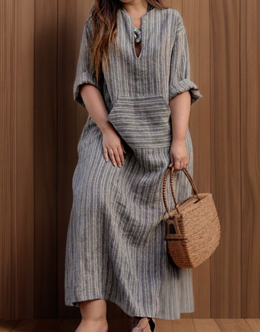 Hailey┃Robe longue décontractée avec rayures vintage et décolleté en V