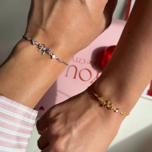 Bracelet Nœud Cœurs Roses