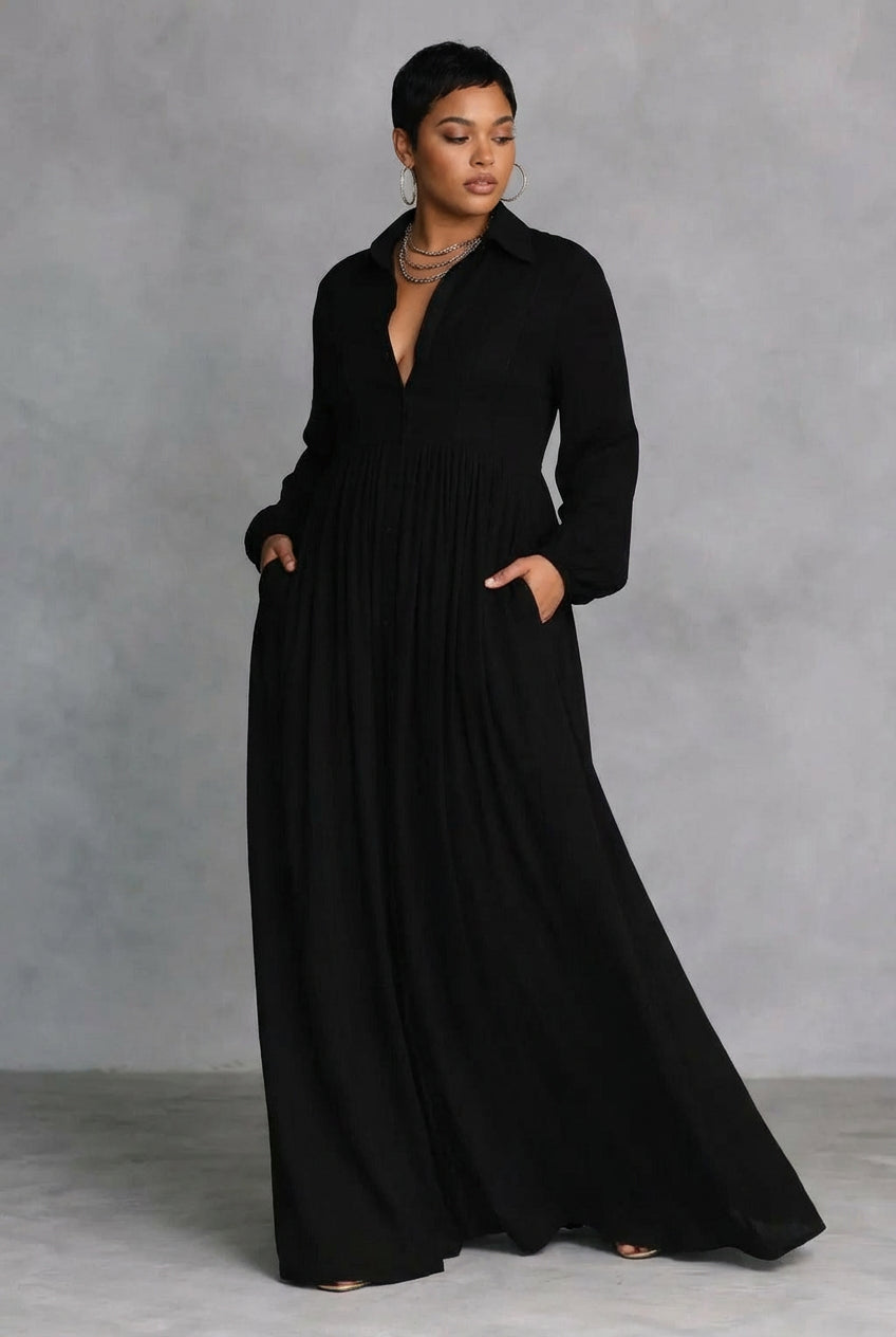 Hedda | Robe Maxi à Boutons Noire Fluide