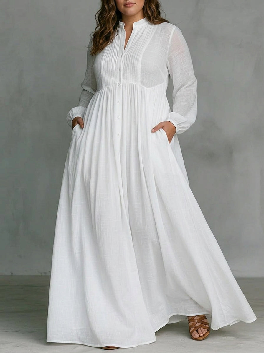 Sunniva | Robe Maxi Fluide à Boutons Blancs