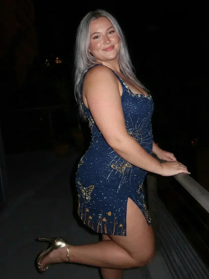Eira – Robe Mini à Perles Bleu Nuit