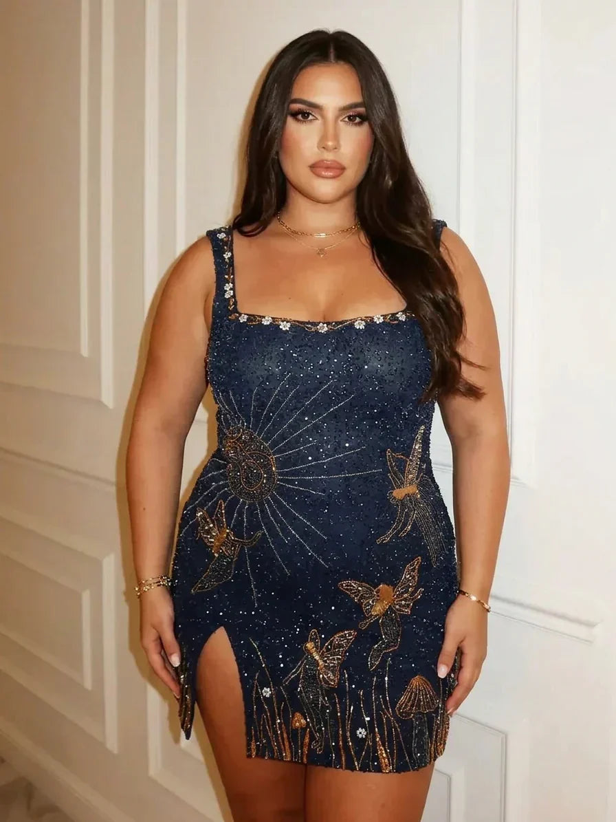 Eira – Robe Mini à Perles Bleu Nuit